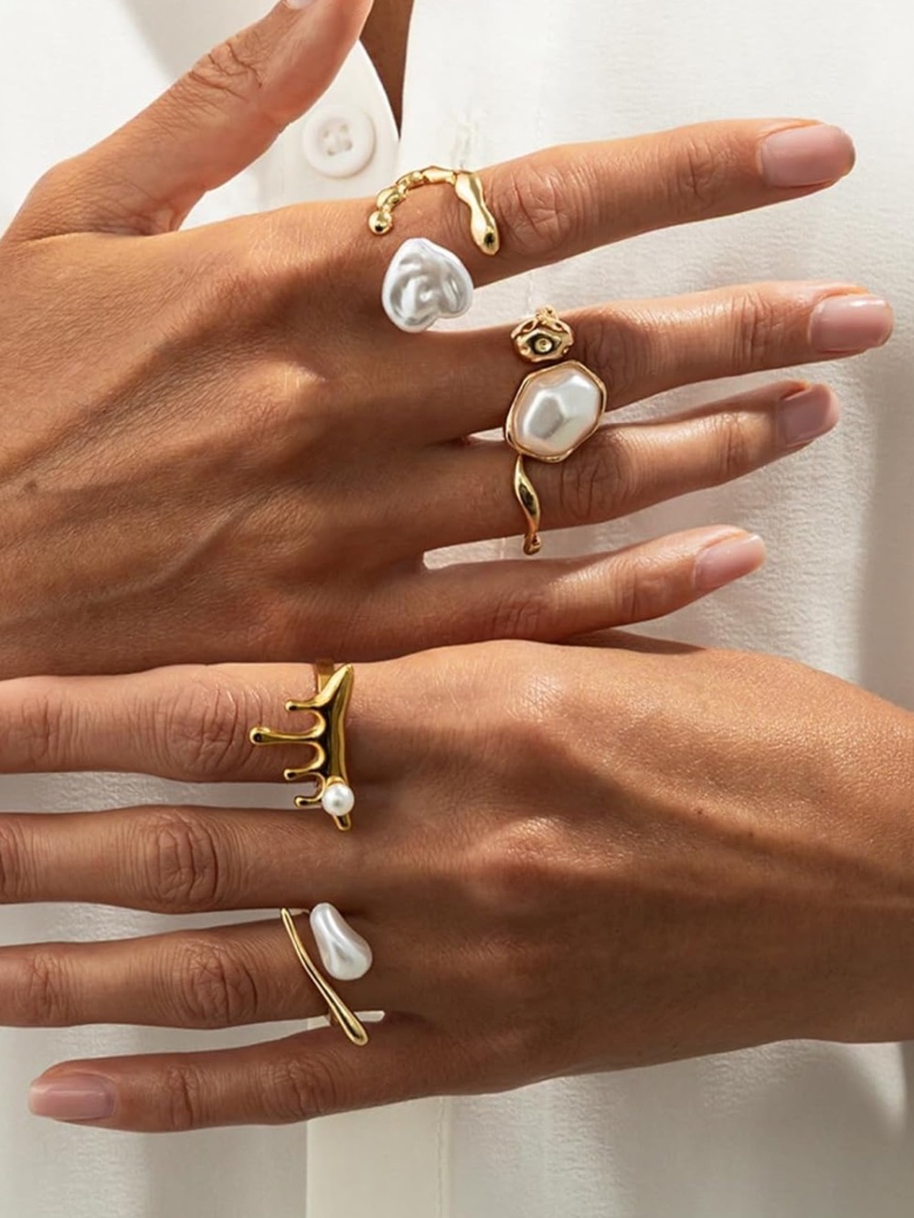 Gold Tone Pearl Inspired Open Ring Set – 5 Piece Adjustable Stack